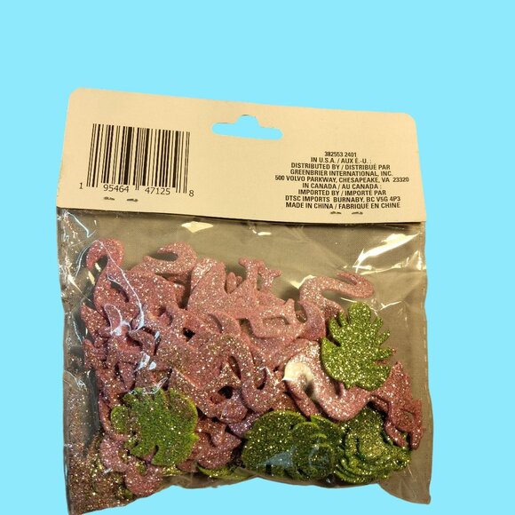 Pink Green Glitter Flamingo Palm Leaf Table Scatters 60 Pieces - Picture 3 of 4